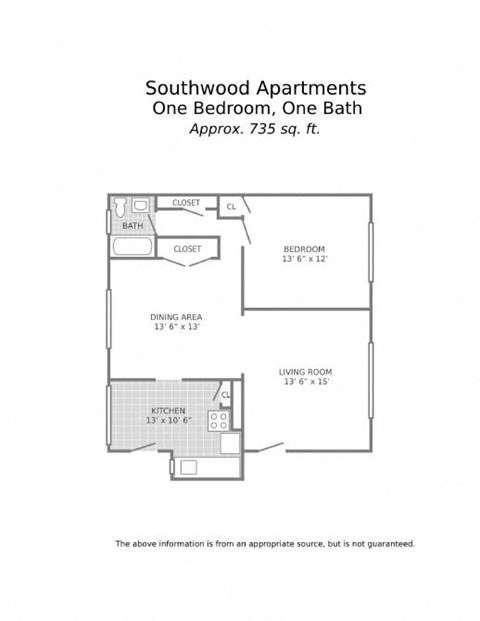 Floor plan for 1 bed, 1 bath, 735 sqft